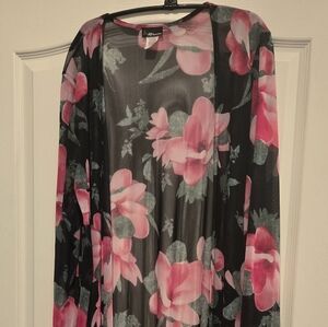 Sheer Floral Open Duster - Pink/Black